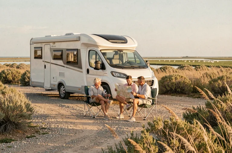 Couple de voyageurs installés en camping-car sur une aire en Camargue entourée de végétation méditerranéenne