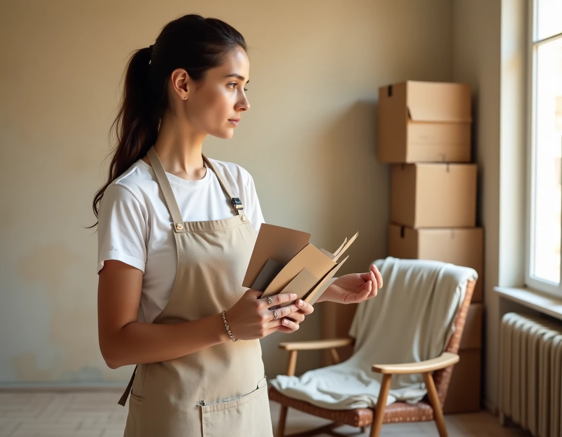 Femme comparant des échantillons de peinture dans un appartement en cours de rénovation