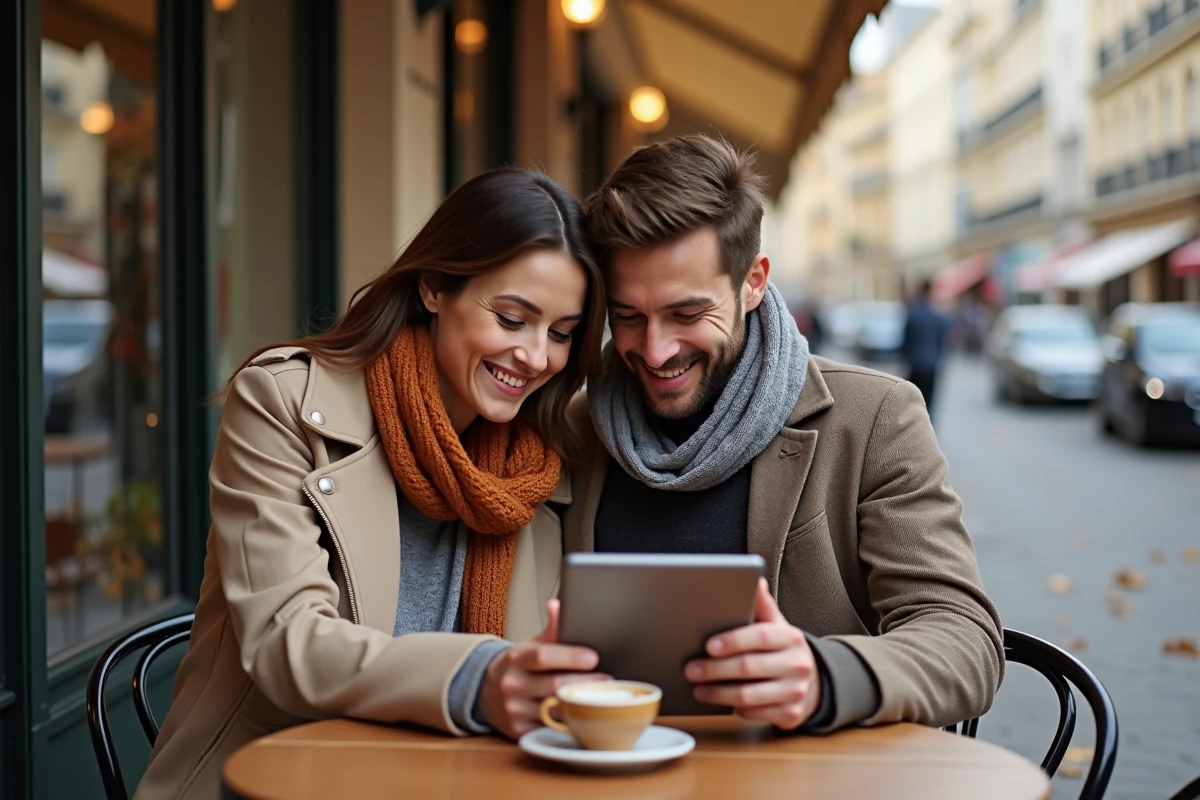 Deux amis consultant une tablette sur une terrasse de café parisienne en automne, explorant ensemble de nouvelles plateformes comme Palixi et Papaflix en 2023