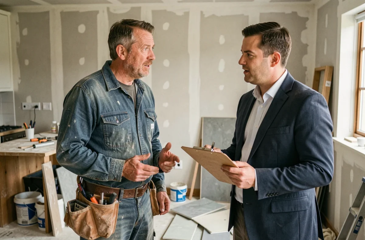 Artisan du bâtiment en discussion avec un accompagnateur de chantier dans une cuisine en rénovation