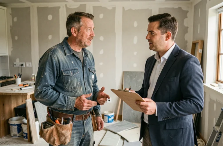 Artisan du bâtiment en discussion avec un accompagnateur de chantier dans une cuisine en rénovation