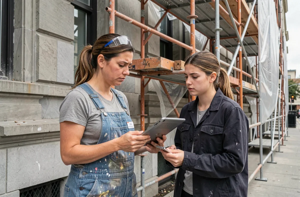 Artisane en train d'examiner des documents avec une coordinatrice de chantier sur un échafaudage urbain