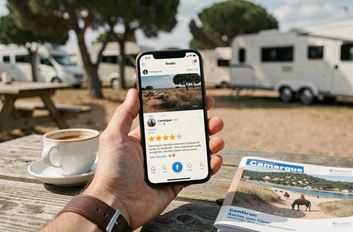 Voyageur consultant des avis en ligne sur son smartphone à l'aire de camping-car en Camargue