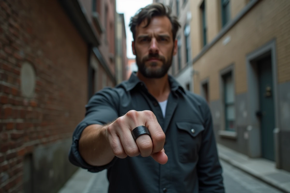 Homme en chemise grise portant une large bague noire oxydée dans une ruelle urbaine