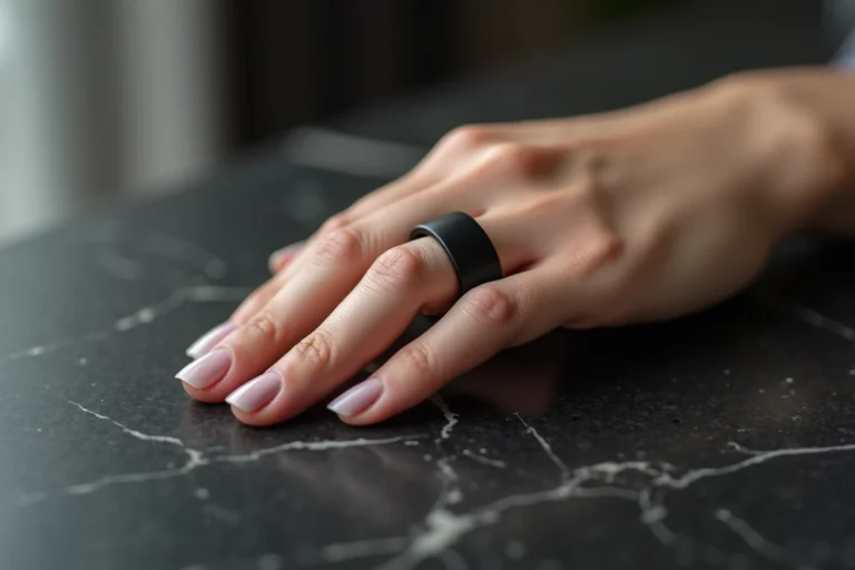 Main de femme portant une bague noire mate sur marbre sombre, symbole mystérieux et élégant