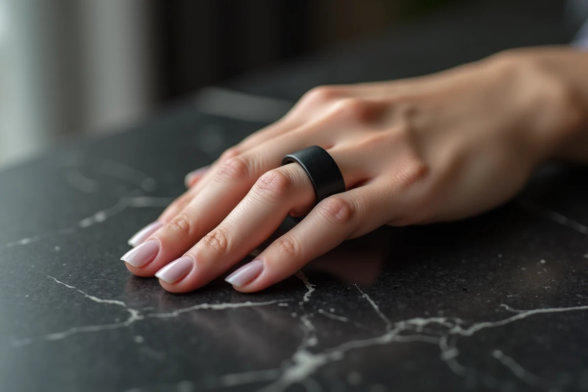Main de femme portant une bague noire mate sur marbre sombre, symbole mystérieux et élégant