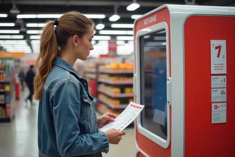 Femme devant une borne photo Leclerc en hypermarché consultant les tarifs affichés