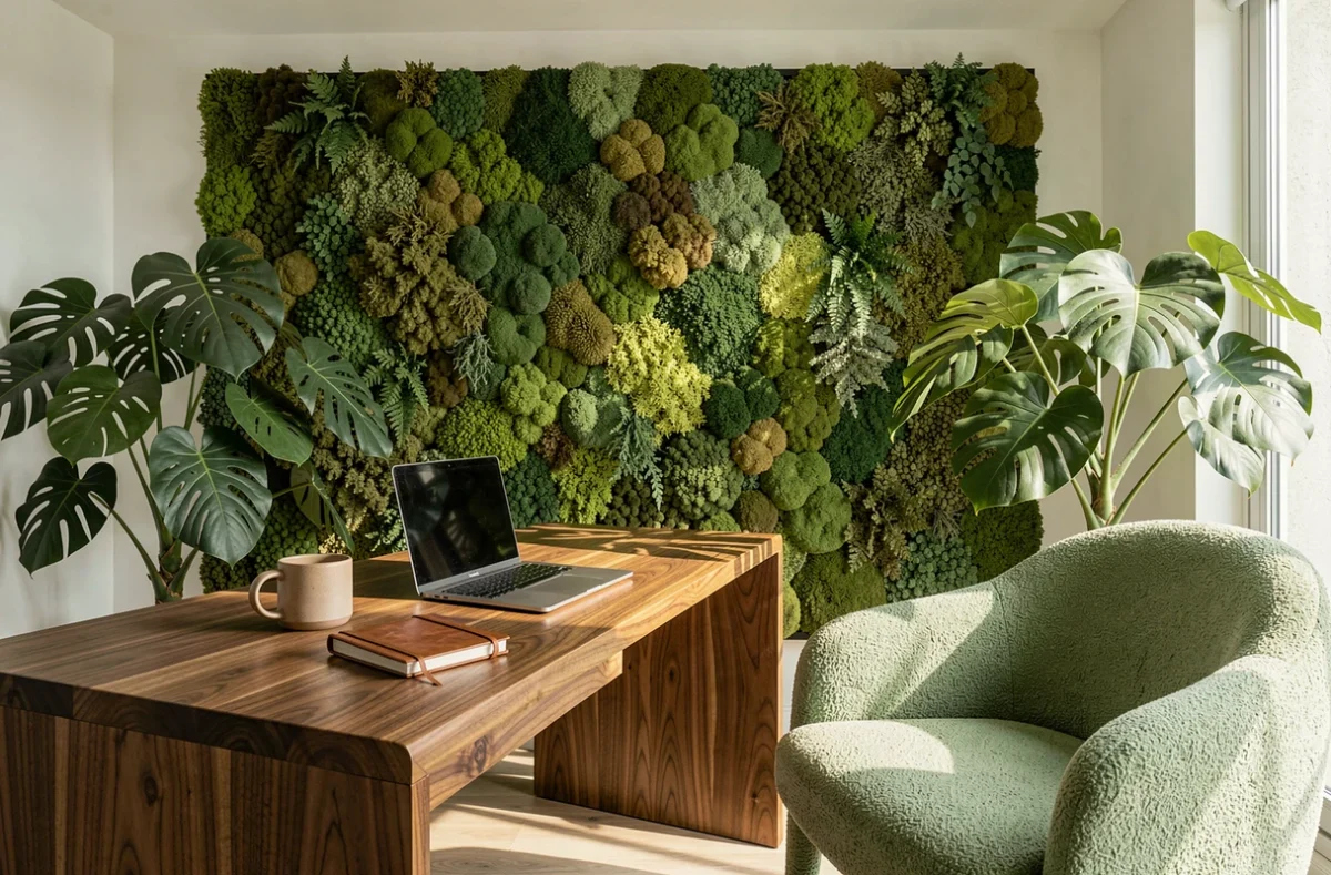 Bureau à domicile biophilique avec mur de mousse végétal, bureau en noyer massif et fauteuil en bouclé vert sauge