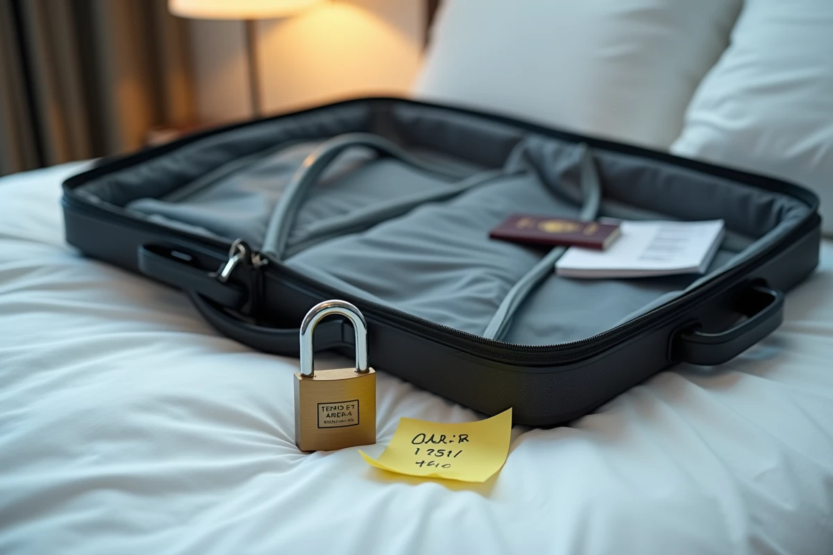 Cadenas TSA 007 posé sur un lit d'hôtel à côté d'une valise ouverte et d'un pense-bête avec le code de combinaison