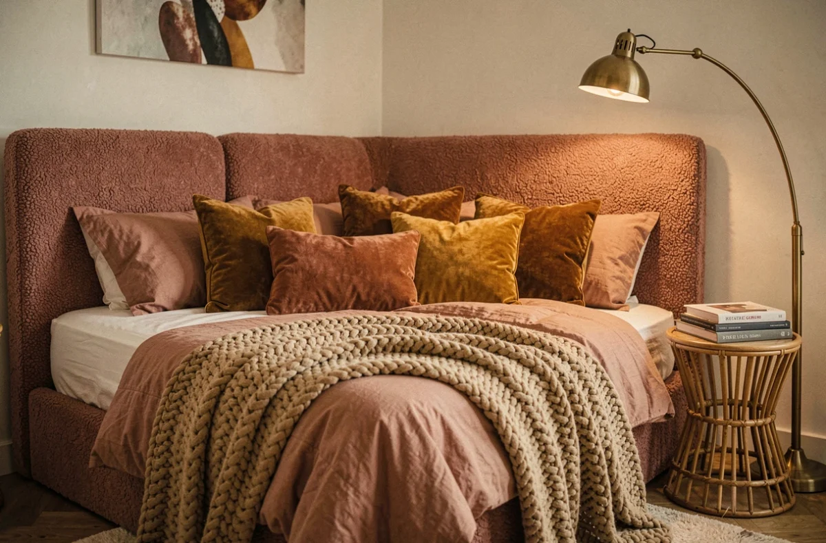 Chambre maximaliste contemporaine avec tête de lit en bouclé rose, coussins velours et jeté en maille chunky