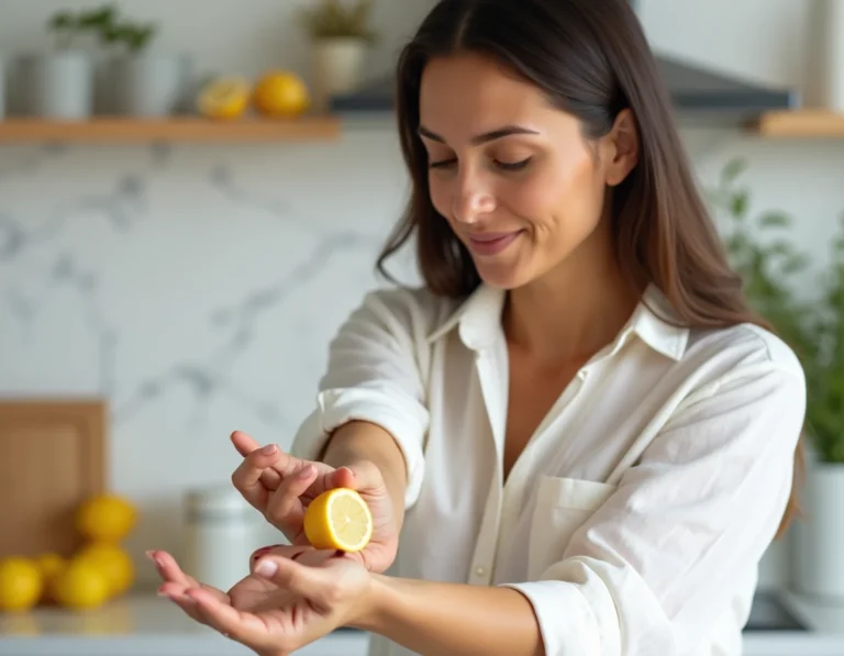 Femme appliquant un citron coupé sur un lipome visible sur son avant-bras dans une cuisine moderne