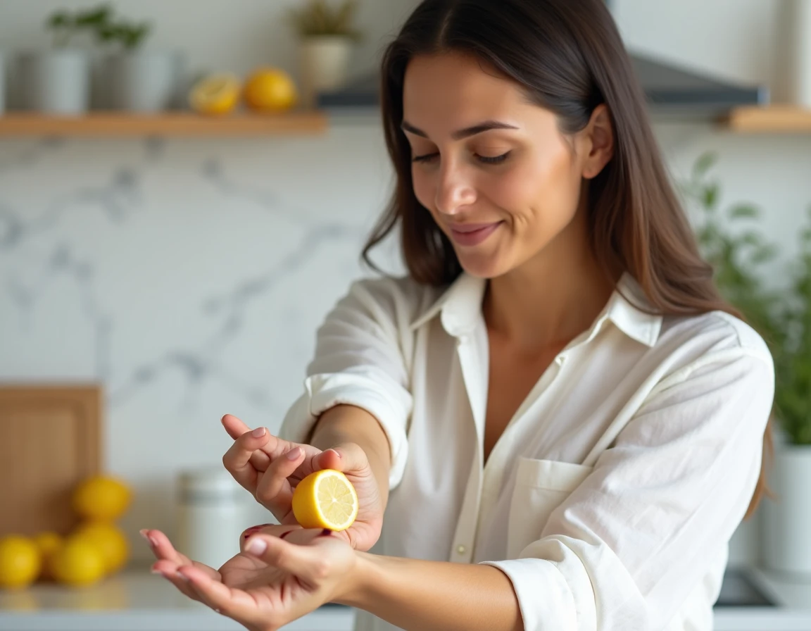 Femme appliquant un citron coupé sur un lipome visible sur son avant-bras dans une cuisine moderne