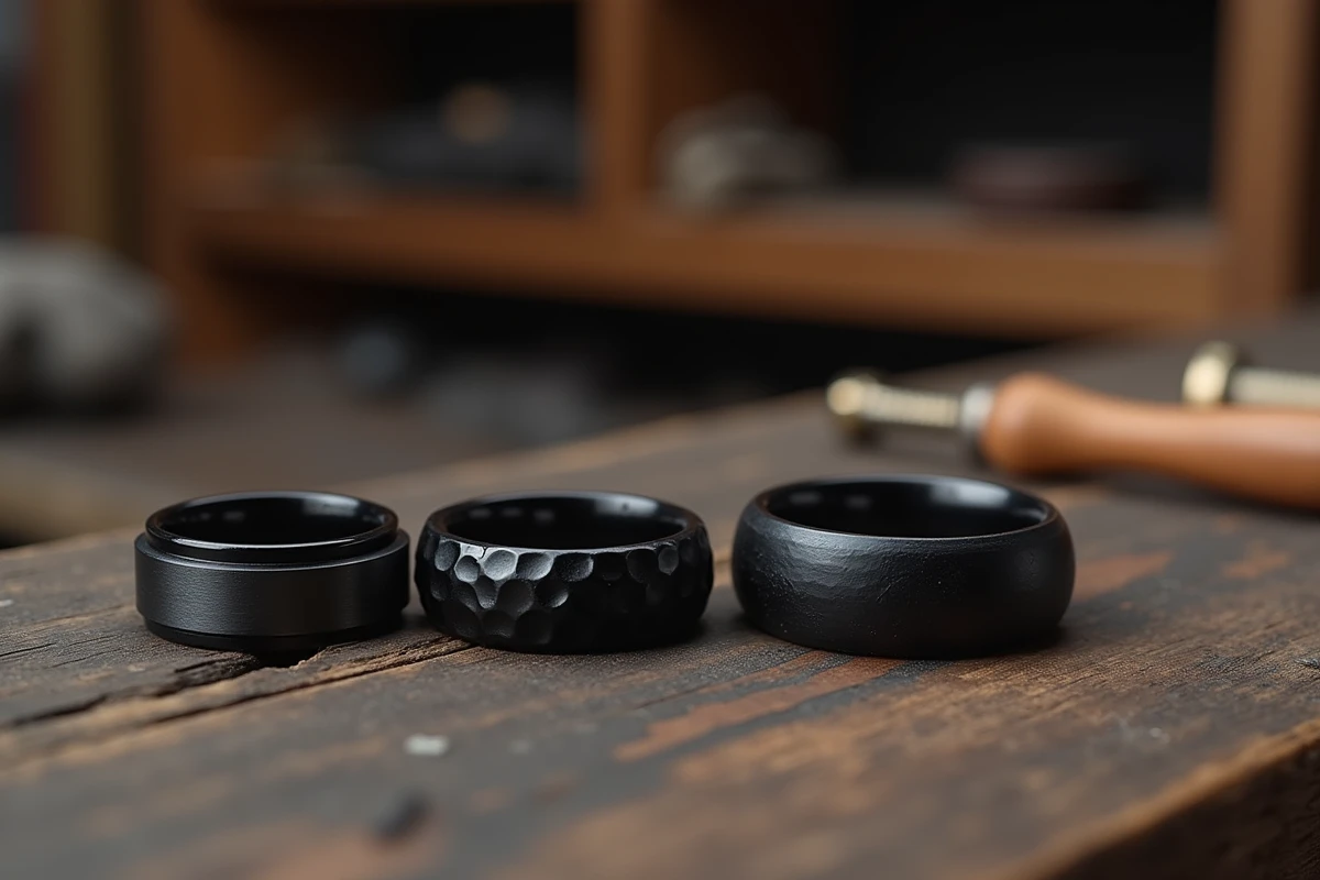 Collection de bagues noires en différents matériaux disposées sur bois sombre dans un atelier de bijouterie
