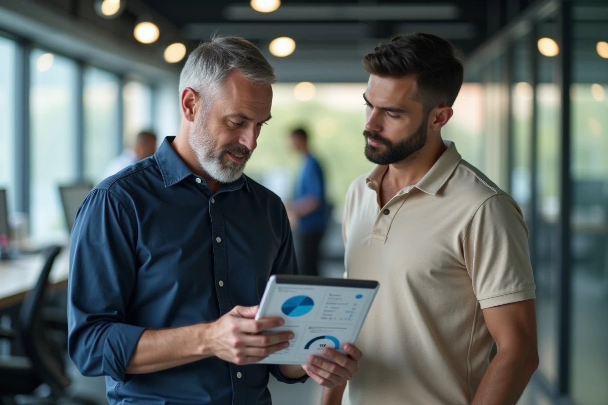 Deux collègues masculins discutant de conseils d'utilisation sur une tablette dans un bureau moderne en open space