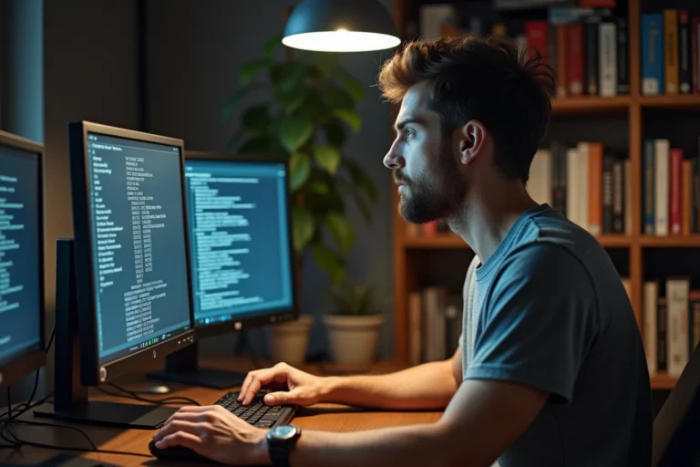 Homme configurant les serveurs eMule sur un ordinateur de bureau dans un bureau à domicile