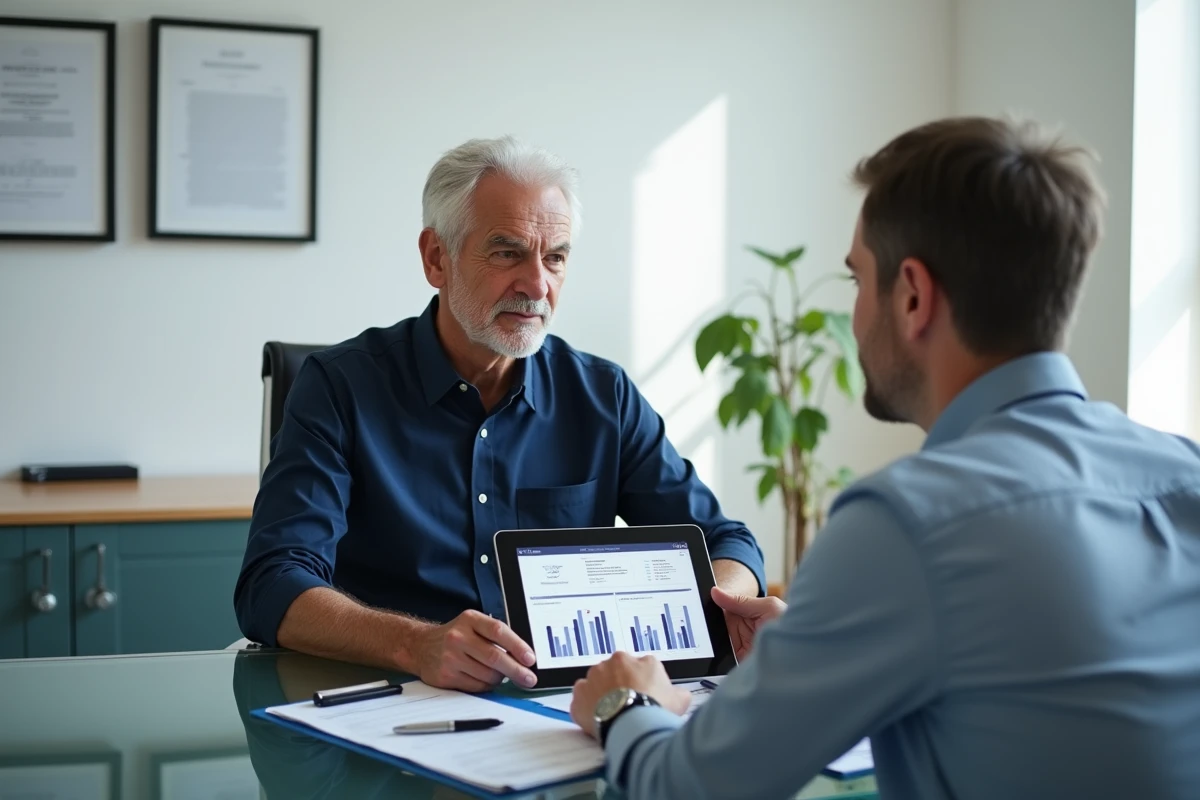 Homme discutant du montant minimum d'une assurance vie avec un conseiller financier dans un bureau professionnel