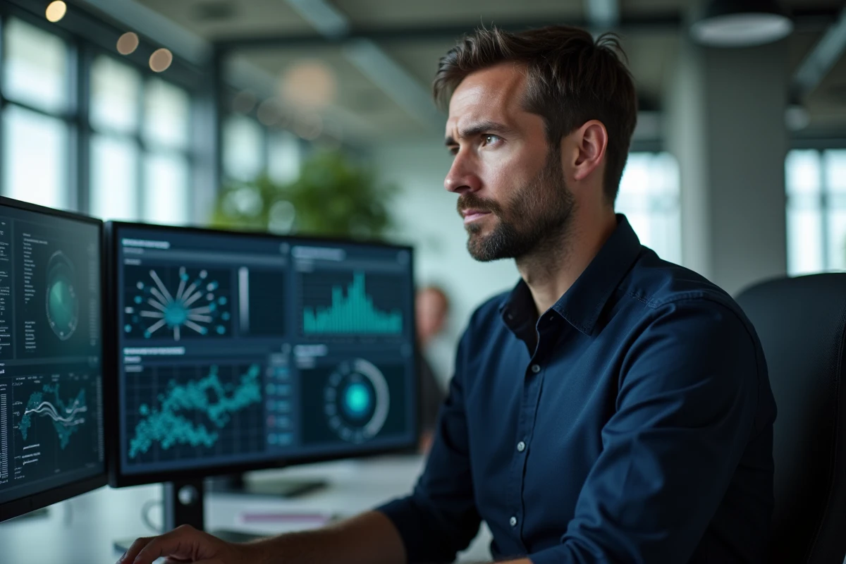Consultant en sécurité informatique analysant des tableaux de bord de cybersécurité sur des écrans doubles dans un bureau d'entreprise moderne