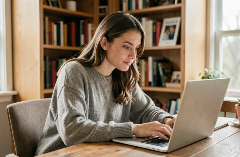 Jeune femme consultant anonymement des stories Instagram sur un ordinateur portable dans un bureau à domicile