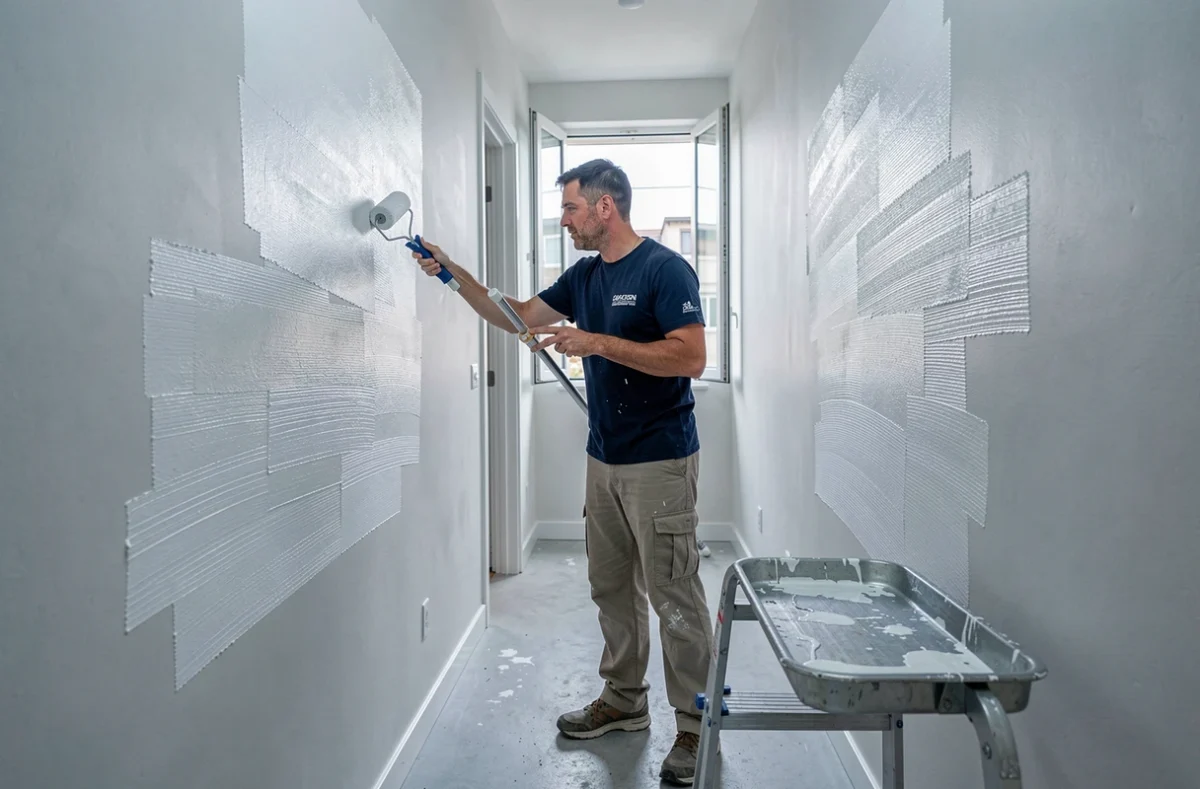 Homme appliquant une seconde couche de peinture blanche pour corriger les traces de rouleau dans un couloir d'appartement