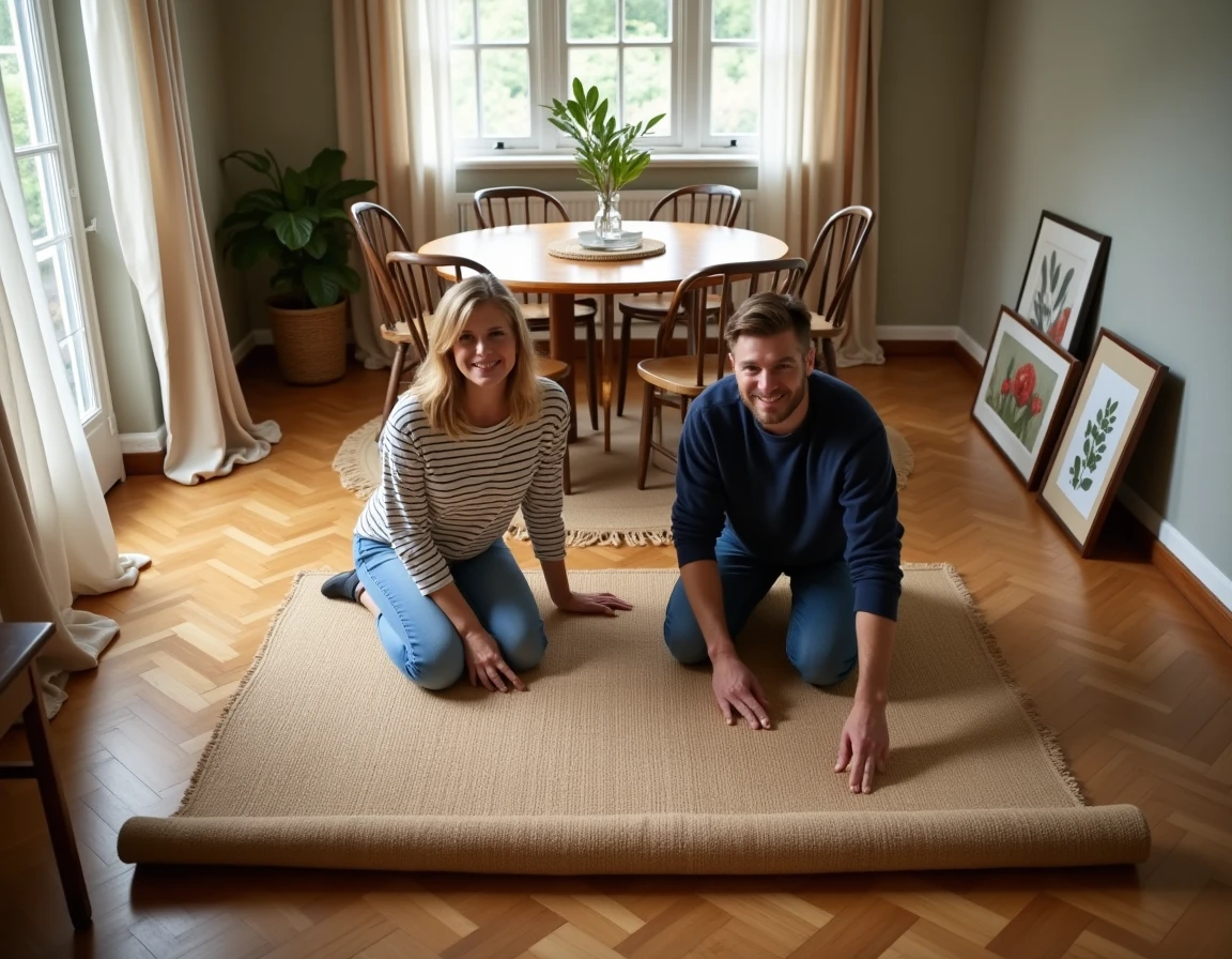 Couple installant un tapis en jute dans une salle à manger avec mobilier vintage