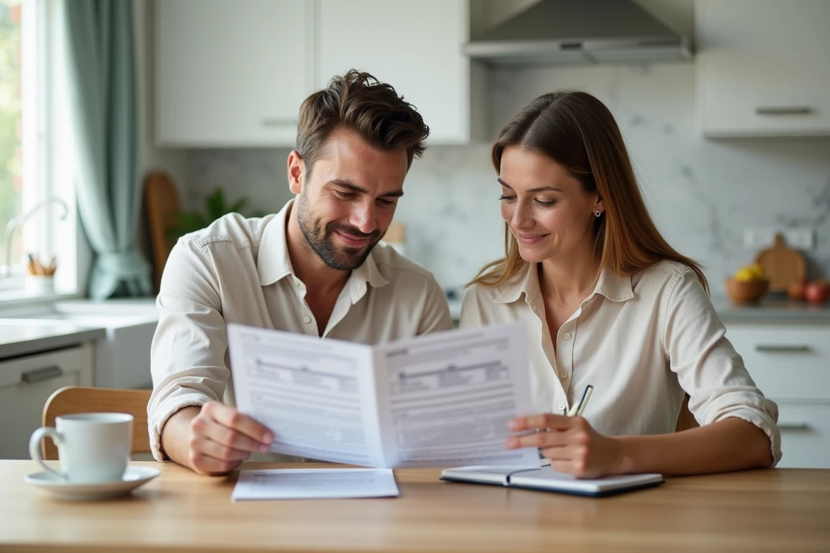 Couple comparant des offres d'assurance vie avec des brochures sur une table de cuisine moderne