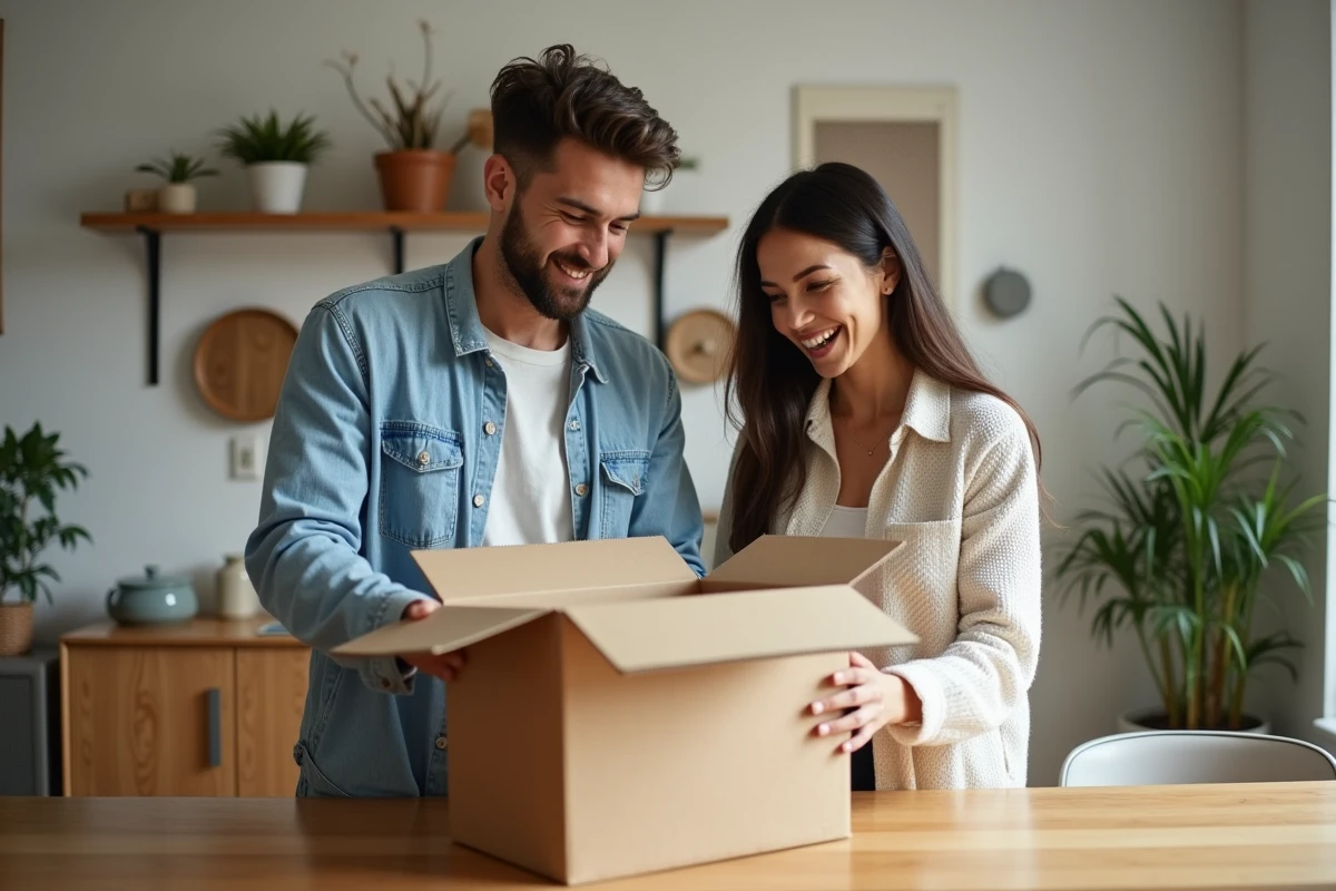 Jeune couple découvrant des objets déco dans leur appartement