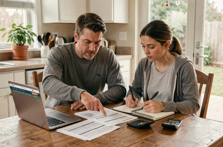 Couple étudiant des documents de crédit immobilier à la table de leur cuisine