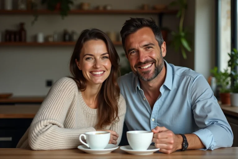 AnneCharlene et son mari sourient au café à Paris