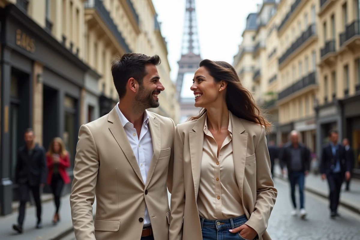 Couple élégant se promenant dans les rues pavées de Paris avec la Tour Eiffel en arrière-plan, complicité et joie naturelle