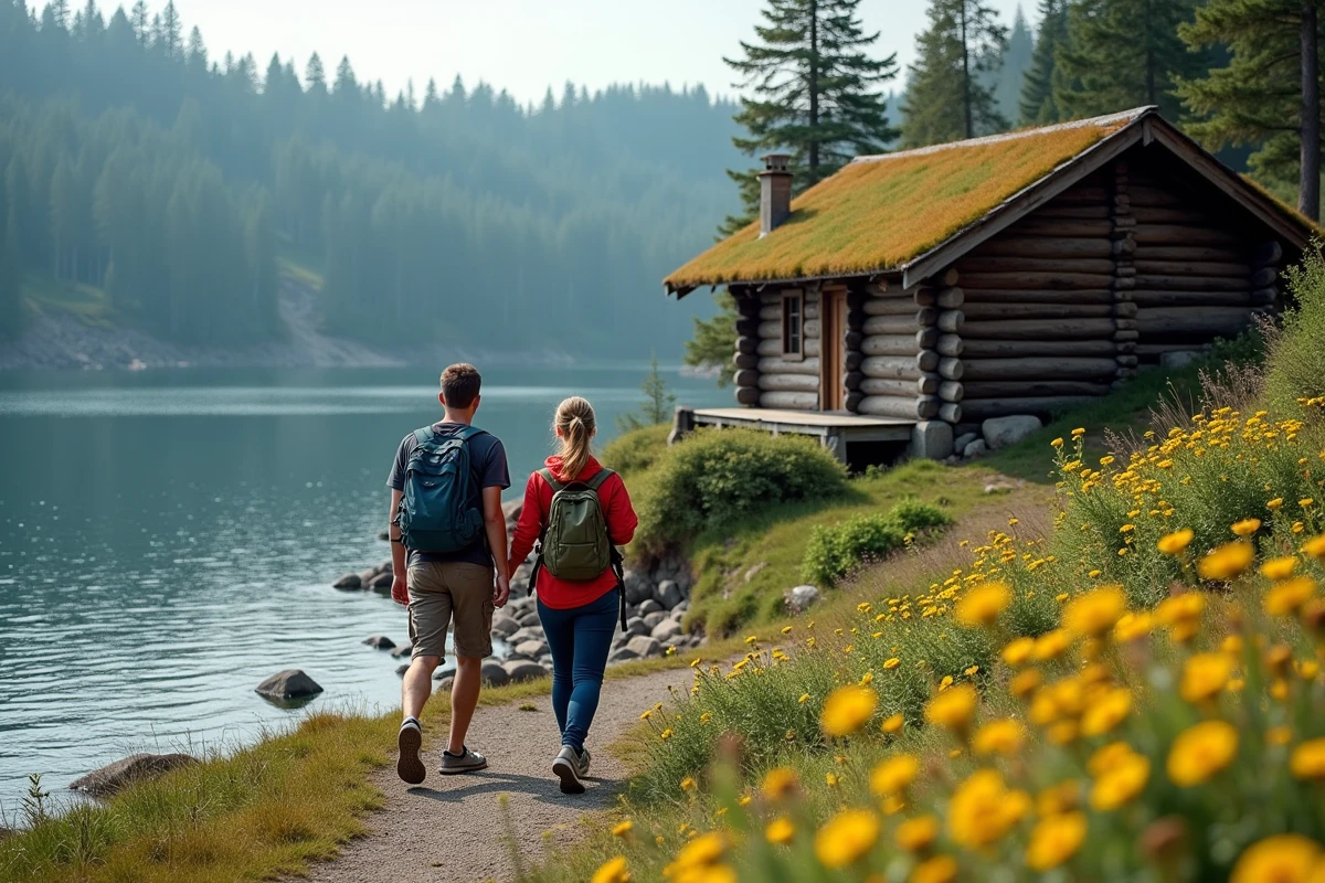Jeune couple en randonnée vers une cabane au bord du lac