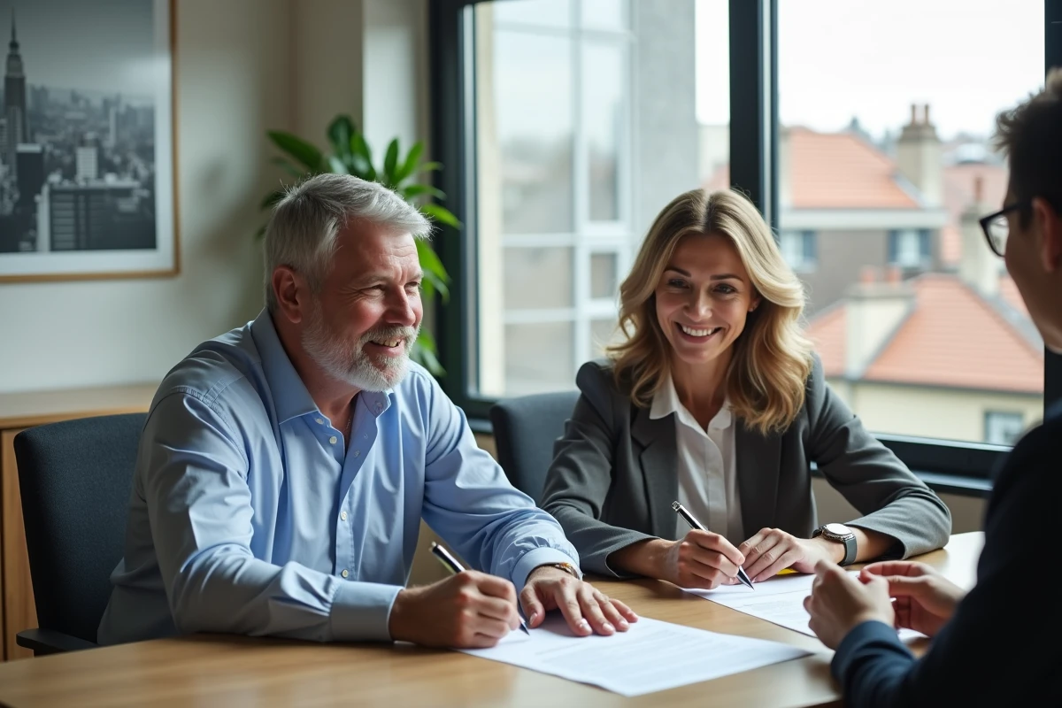 Couple signant des documents avec un agent immobilier dans un bureau