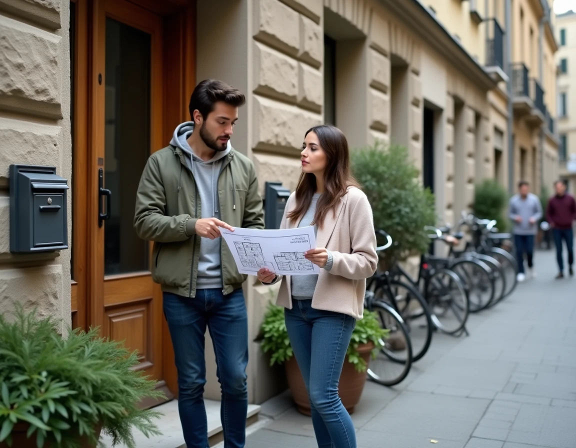 Couple visitant un appartement en location dans une rue résidentielle urbaine
