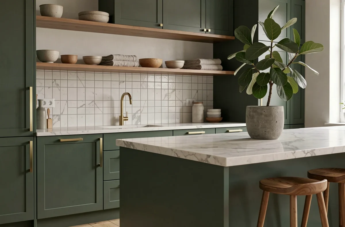Cuisine japandi avec façades vert foncé mat, comptoir en marbre Calacatta et étagères en bois avec céramiques artisanales