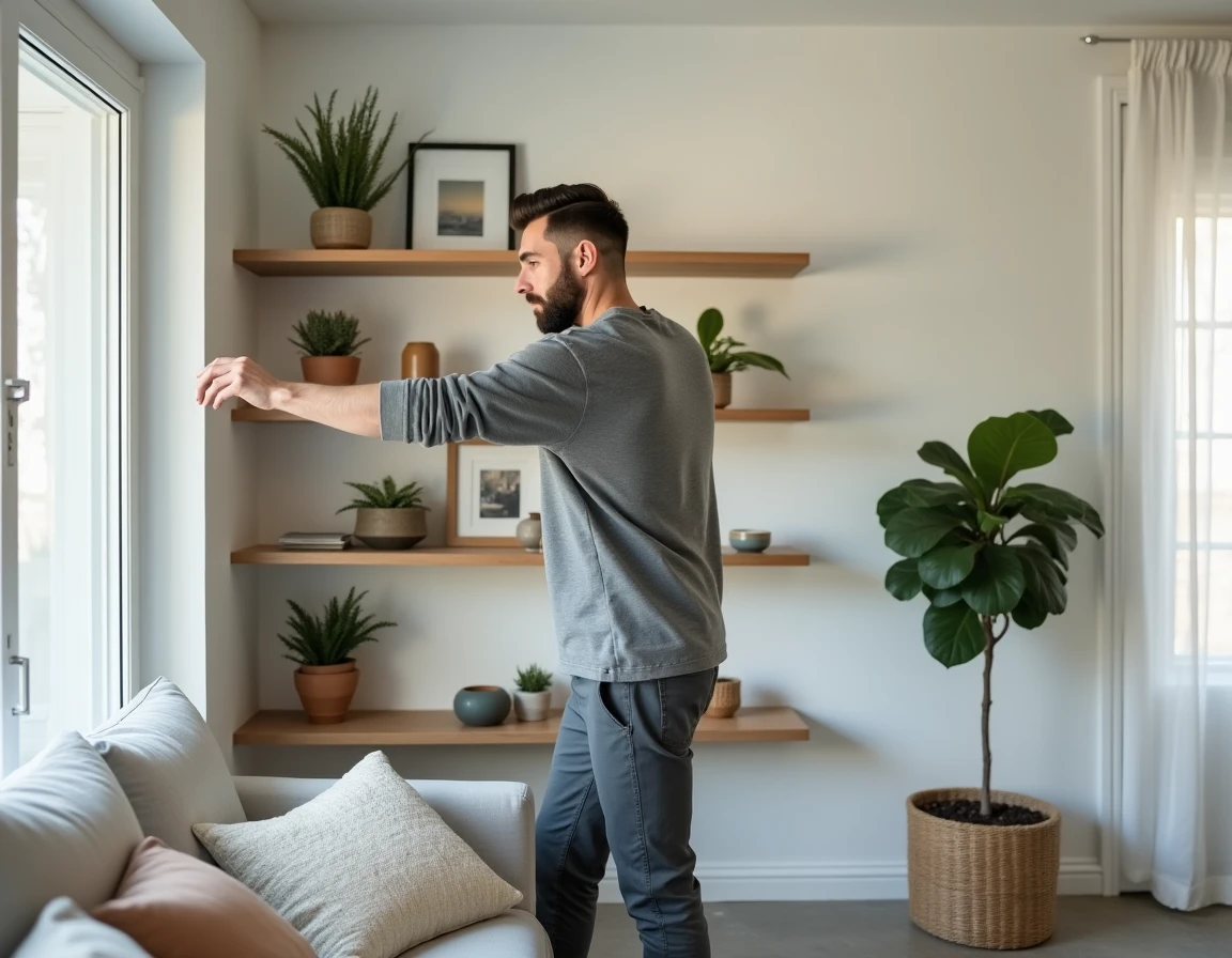 Homme décorant des étagères flottantes avec des plantes et objets décoratifs dans un salon scandinave