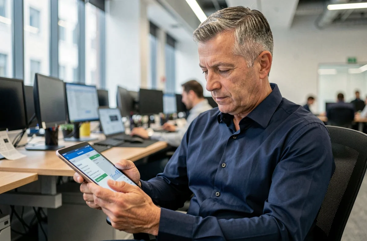 Employé consultant ses e-bulletins de salaire sur une tablette dans un bureau professionnel
