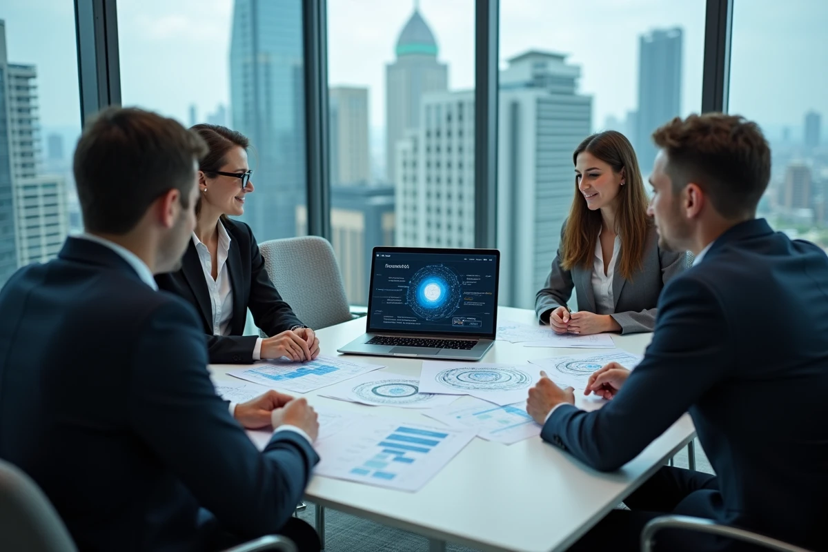 Équipe de professionnels en cybersécurité collaborant autour d'une table de réunion avec des schémas réseau et un ordinateur portable