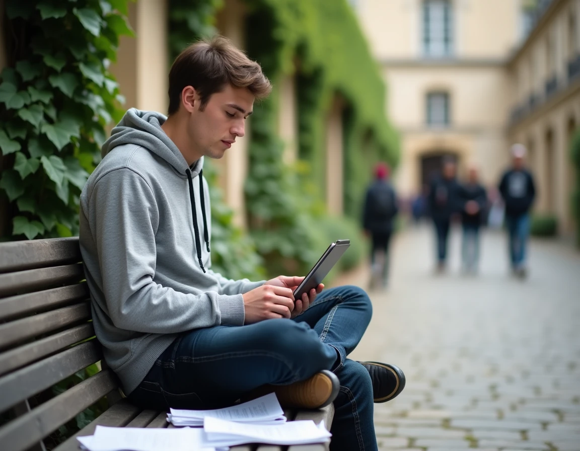 Étudiant consultant son dossier ecandidat sur tablette en extérieur sur un campus universitaire au Mans