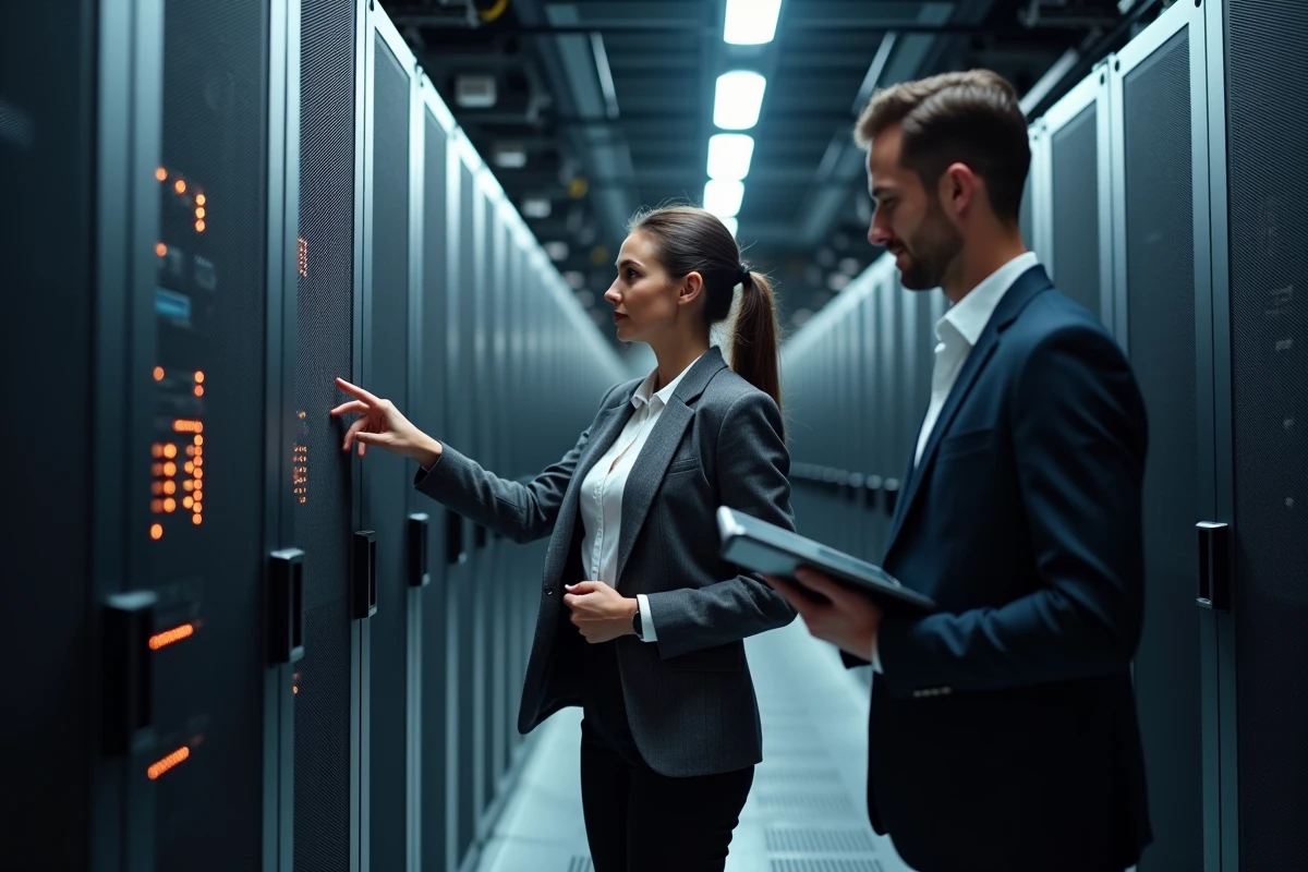 Experte en cybersécurité et responsable informatique inspectant des équipements réseau dans une salle de serveurs professionnelle