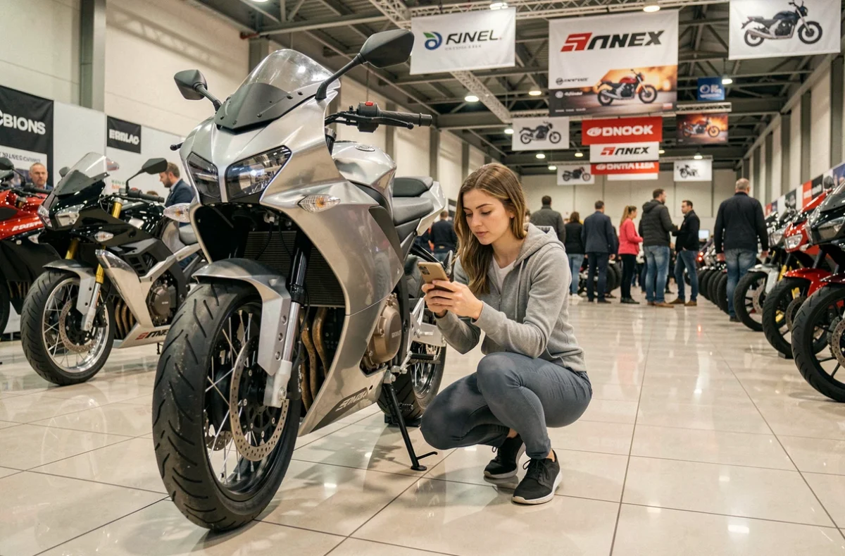 Femme examinant une moto concept exposée dans les allées intérieures du salon EICMA Milan 2026