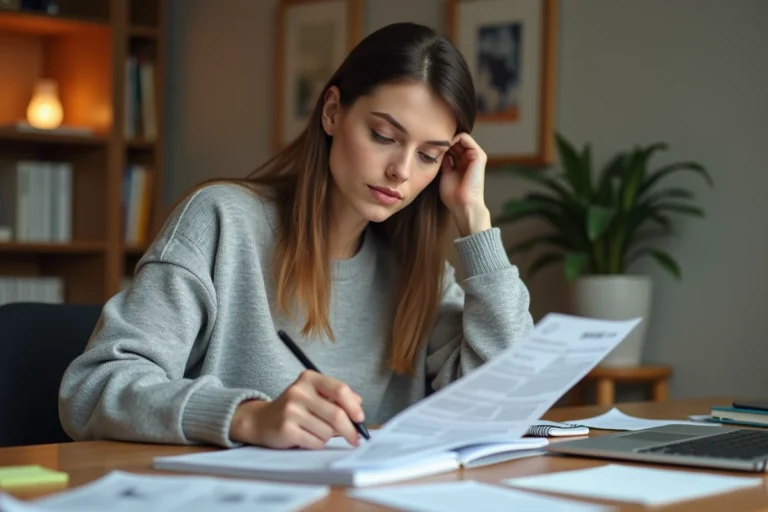 Femme concentrée annotant un guide pratique à son bureau à domicile, entourée de notes et d'un ordinateur portable ouvert