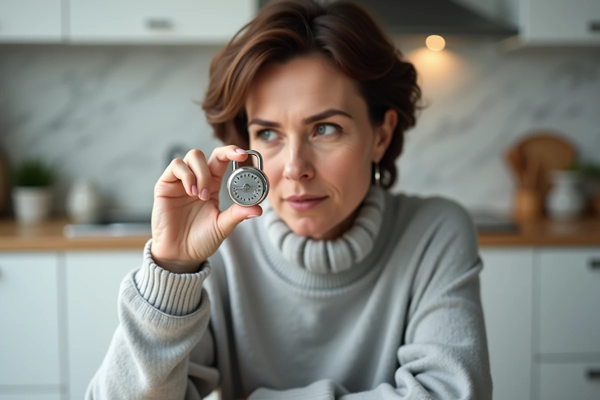 Femme concentrée tenant un cadenas TSA 007 pour modifier son code de combinaison dans une cuisine moderne