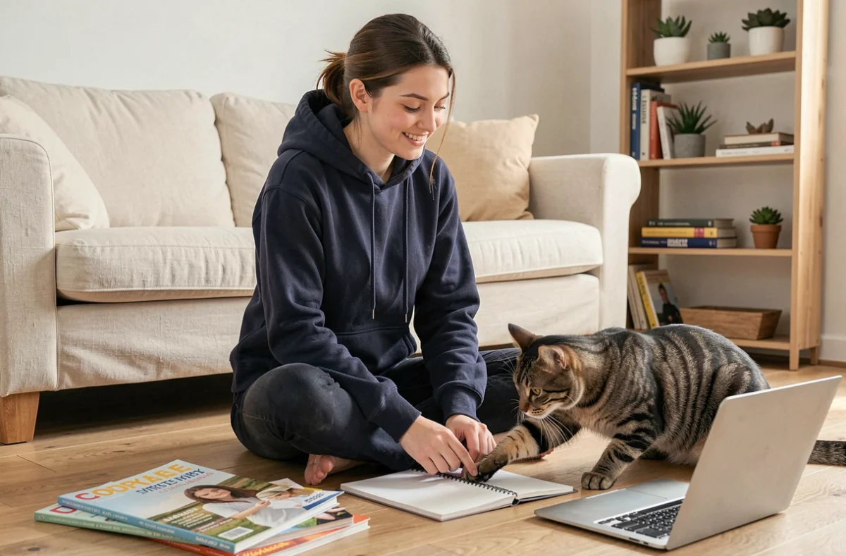Jeune femme lisant des magazines animaliers avec son chat tigré dans un appartement cosy