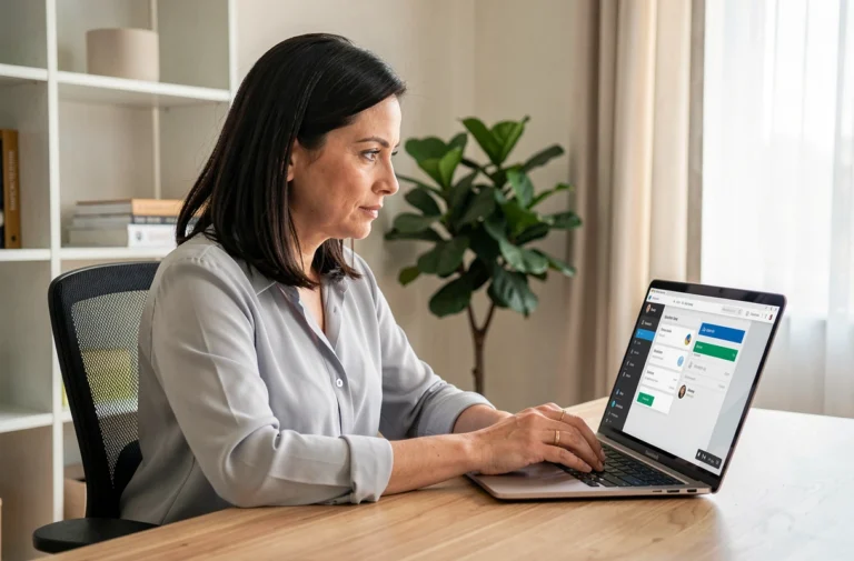 Femme connectée à son compte Arkevia sur un ordinateur portable dans un bureau à domicile