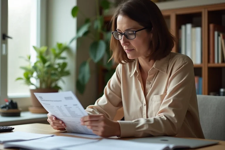 Femme consultant des documents d'assurance vie sur un bureau en bois dans un bureau à domicile moderne