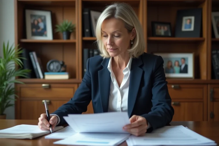 Femme d'affaires examine des documents dans un bureau à domicile