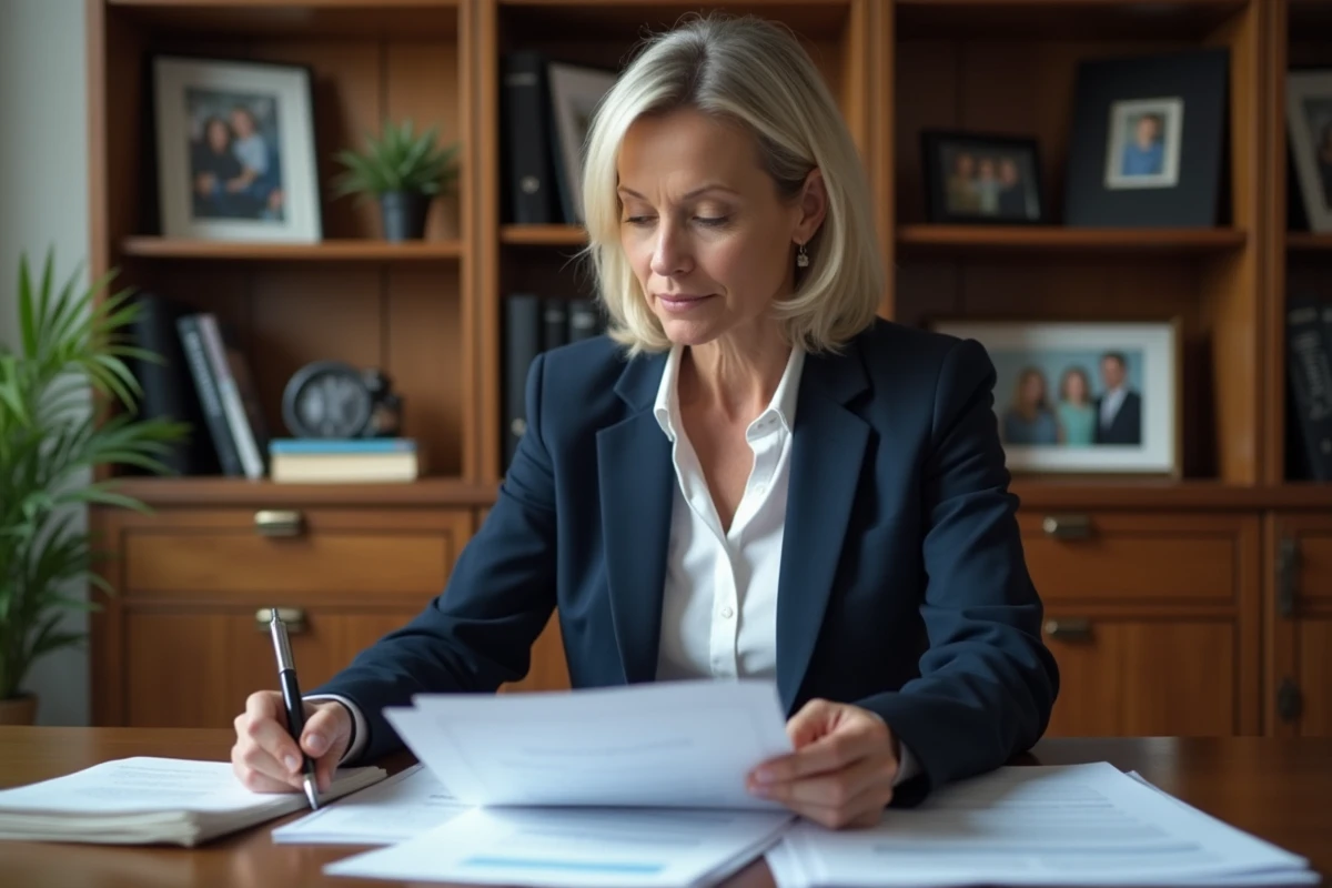 Femme d'affaires examine des documents dans un bureau à domicile