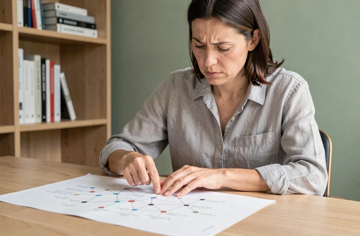 Femme étudiant un plan de site imprimé sur un bureau en bois dans un bureau à domicile moderne