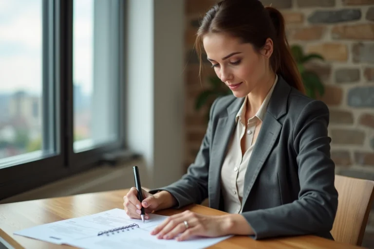 Femme d affaires examine documents immobiliers dans un appartement lumineux