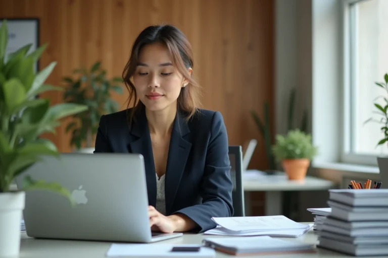 Femme d affaires concentrée sur son ordinateur dans un bureau moderne