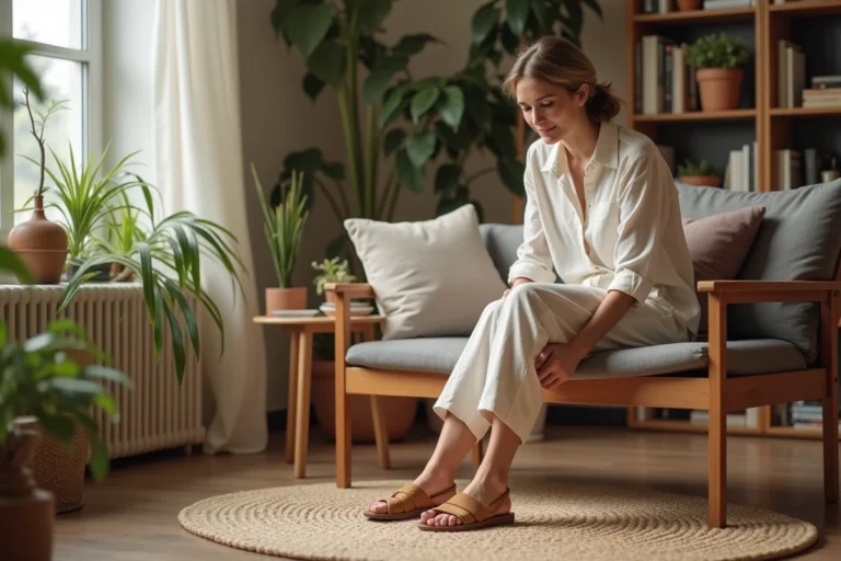 Femme assise en intérieur avec sandales confortables